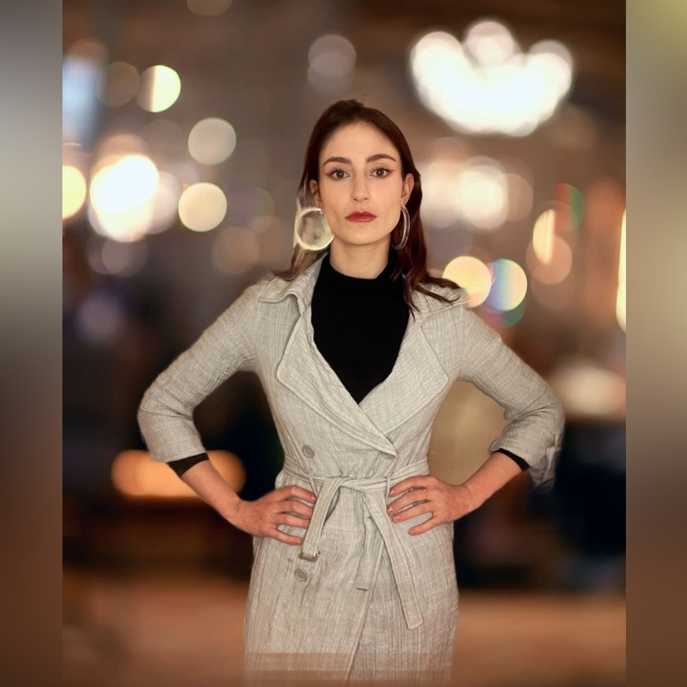 Max Studio London Light Grey Crinkled Belted Double Breasted Duster Dress Size M